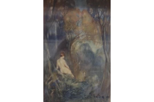 George Hyde Pownall (1876-1932): watercolour, nude in a garden setting with fairy, 18 x 28 cm. Not - Image 1 of 2