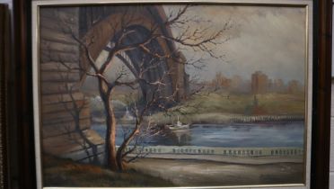 A large modern oil on board, bridge over a river, signed Kaloff, 87 x 60 cm. Not available for in-