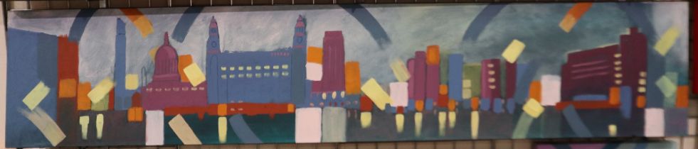 A large contemporary oil on canvas, Liverpool Skyline, 250 x 50 cm. This lot is offered for sale
