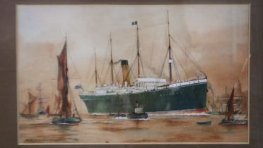 An early 20th century watercolour, ocean liner coming to port, initialled RCJH and dated 1916, 36