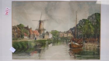 Louis Burleigh Bruhl (1861-1942): colour lithograph, a view of a Dutch canal, 43 x 28 cm. Not
