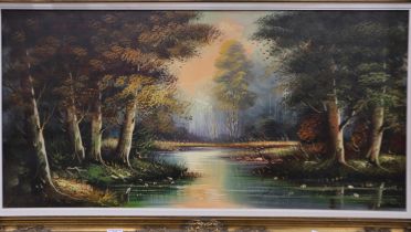 A large 20th century oil on canvas, river scene, unsigned, 99 x 38 cm. Not available for in-house