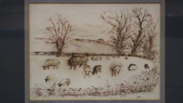 Ruth M Cherry (20th century): pen & ink with watercolour wash, Storm Clouds over Drayton, artists