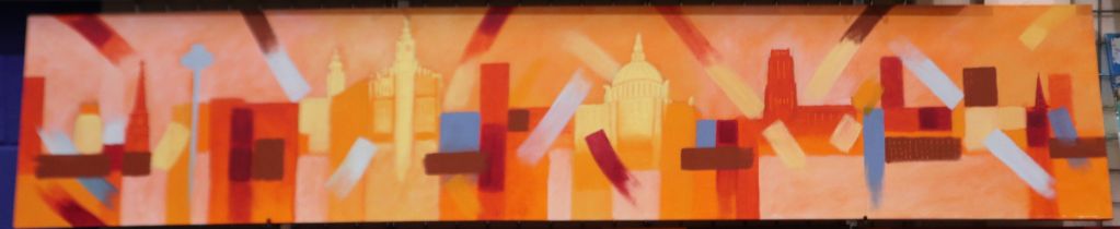 A large contemporary oil on canvas, Liverpool Skyline, 250 x 50 cm. This lot is offered for sale