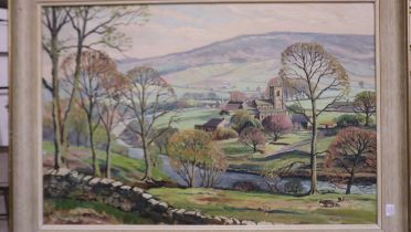 Walter Cecil Horsnell (1911-1997): oil on board, rural landscape with church and farm buildings,