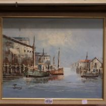 Attributed to William Jones (20th century): impasto oils on canvas, harbour scene with trawlers,