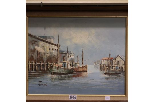 Attributed to William Jones (20th century): impasto oils on canvas, harbour scene with trawlers, - Image 1 of 3