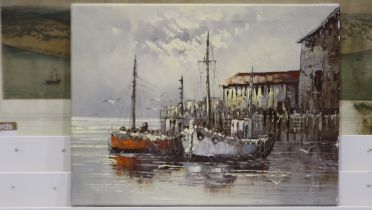 In the manner of Paolo Stirrat (Sardinian, 20th century): oil on canvas, boats at dock, indistinctly