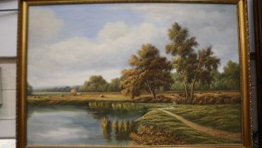 P Wilson (contemporary): oil on canvas, haymaking beside a riverbank, 90 x 60 cm. Not available