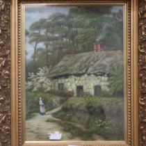 S Butler (19th century): oil on canvas, figural thatched cottage scene, 27 x 37 cm. Not available