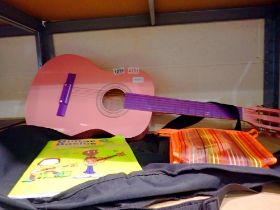 Ready Ace 3/4 size, pink acoustic guitar, with case, music book, plectrums, Capo and tuner. Not
