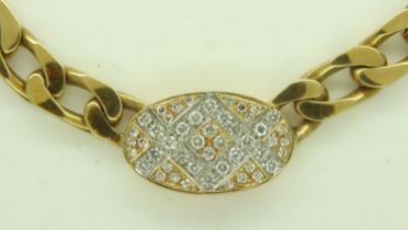 A heavy gauge 18ct gold curb-link choker necklace, with diamond-set oval panel totalling