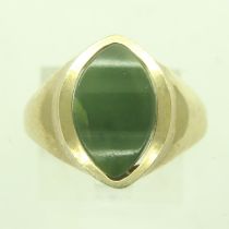 A 9ct gold signet ring, set with a shaped panel of jade, size R, 5.5g. UK P&P Group 0 (£6+VAT for