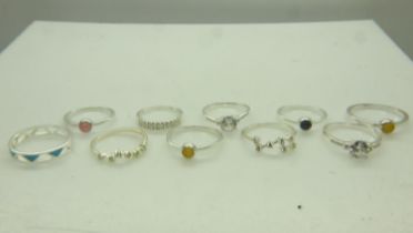 Ten 925 silver stone-set and enamelled rings. UK P&P Group 0 (£6+VAT for the first lot and £1+VAT
