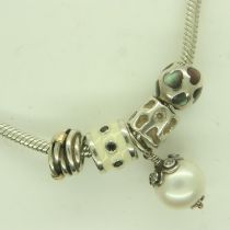 Pandora silver necklace with five charms, one with gold elements, L: 28 cm. UK P&P Group 0 (£6+VAT