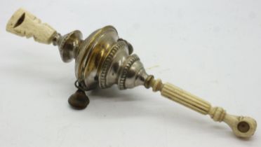 Victorian silver plated infant rattle, mounted with bone teether and and whistle. UK P&P Group 1 (£