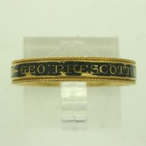 Georgian enamelled 22ct gold mourning band, George Prescot Esquire died aged 78, 1790, size R, 4.7g.