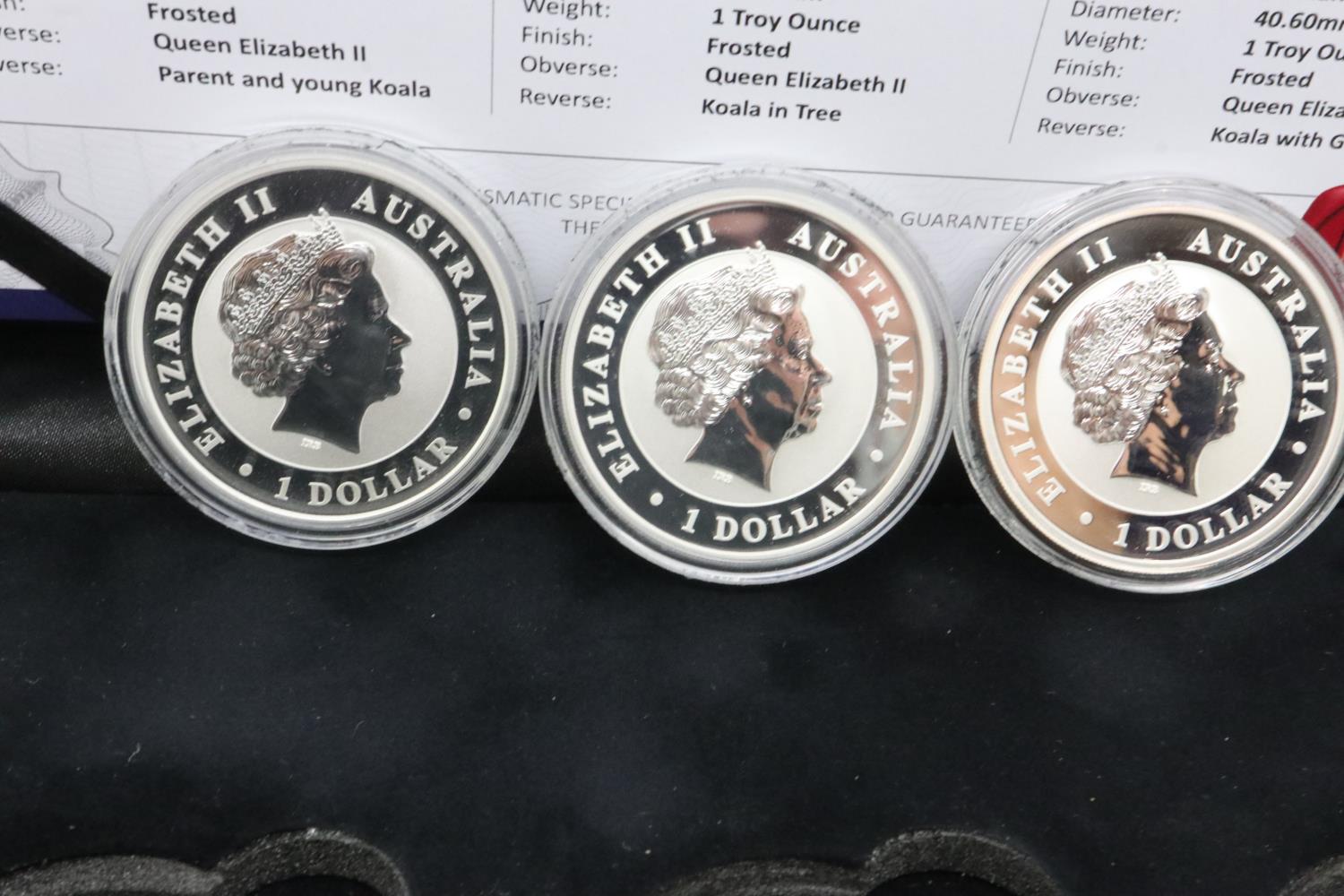 3 coin bullion Australian Koala Dollars in presentation box. UK P&P Group 1 (£16+VAT for the first - Image 2 of 2