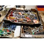 Three boxes of tools and hardware items. Not available for in-house P&P