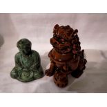 Bronze seated Buddha with a resin Dog of Fu, largest H: 11cm. UK P&P Group 2 (£20+VAT for the