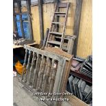 LARGE QUANTITY OF WOODEN ITEMS INCL. WINDOW FRAMES, CORNER SHELF, AS FOUND LADDER, PACK OF NEW