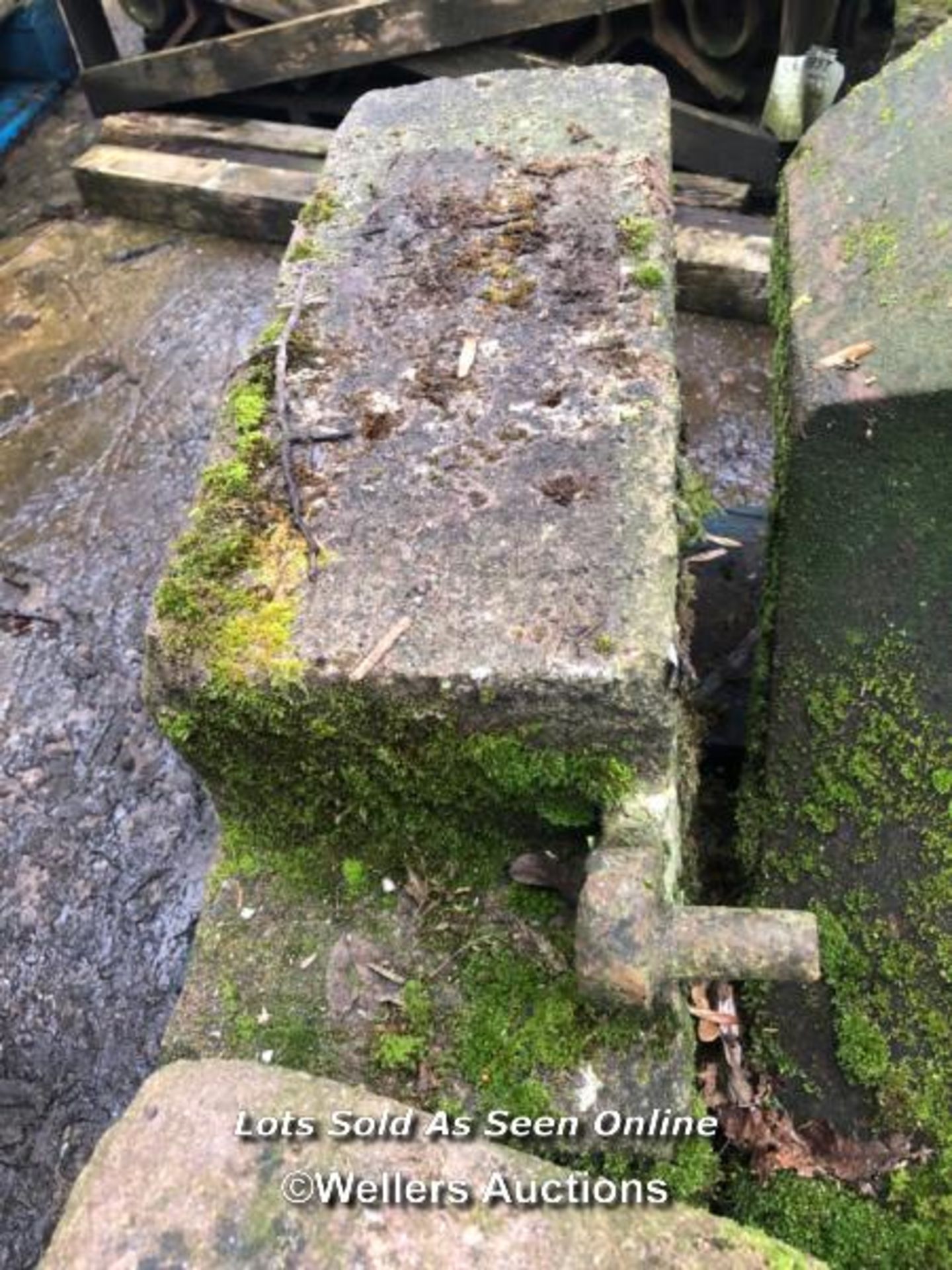 SIX PIECES OF A STONE GATE SURROUND, SOME IRON FITTINGS STILL PRESENT, LARGEST 65CM (L) X 23CM (W) X - Image 2 of 4