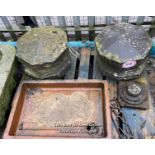PALLET OF ARCHITECTURAL ITEMS INCLUDING SALT GLAZED SINK AND PAIR OF STONE PIER CAPS