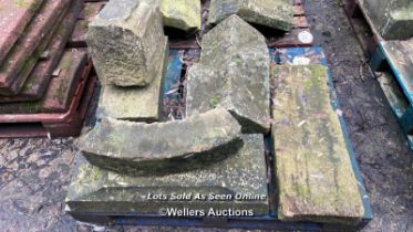 FIVE ASSORTED PIECES OF MOSTLY STONE COPING, LARGEST 69CM (L) X 38CM (W) X 21CM (H)