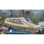 A LARGE PIECE OF ARCHED STONE WITH DECORATIVE CARVING, APPROX 155CM (L) X 60CM (H) X 28CM (D)