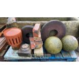 TWO GRINDSTONES, TWO STONE SPHERES AND VARIOUS BRICKS AND SLATE TILES