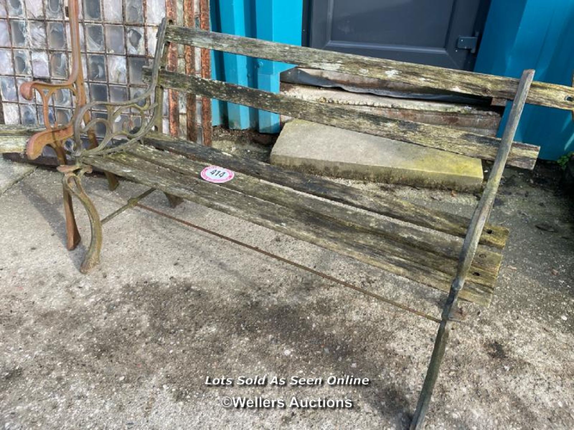 TWO GARDEN BENCHES WITH CAST IRON ENDS, IN NEED OF RESTORATION - Image 2 of 5