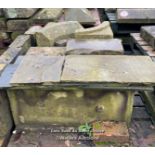 FIVE PIECES OF STONE COPING, SOME CURVED, LARGEST 80CM (H) X 35CM (W) X 35CM (D)