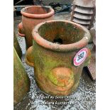 A PAIR OF ROLL TOP TERRACOTTA CHIMNEY POTS, 40CM (H)