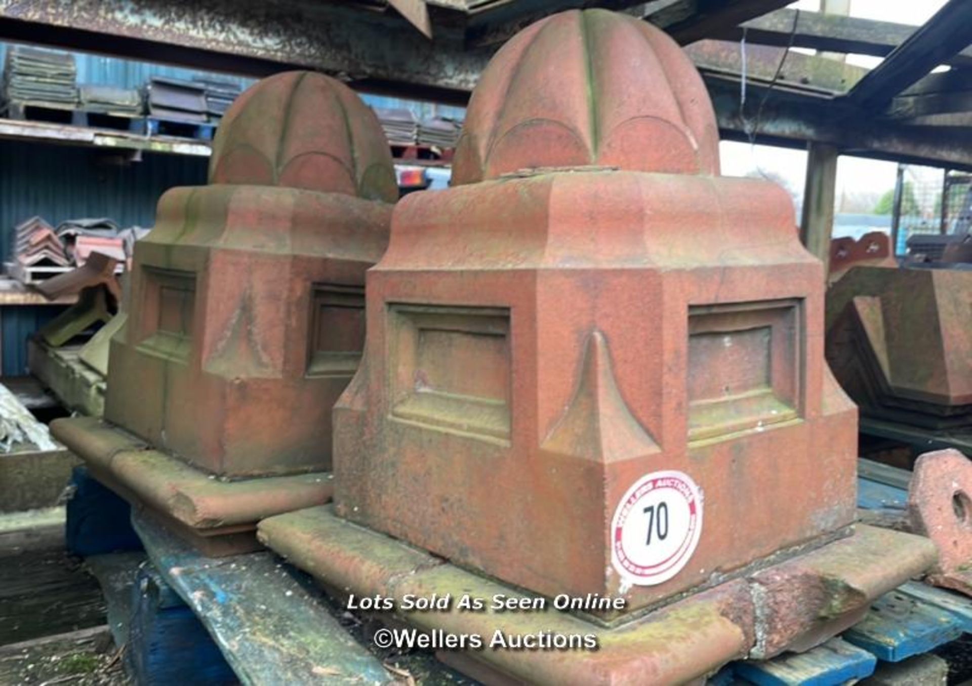 A PAIR OF LARGE VICTORIAN TERRACOTTA PIER CAPS WITH DOME TOP, 58CM (H) X 47CM (W) X 47CM (W)
