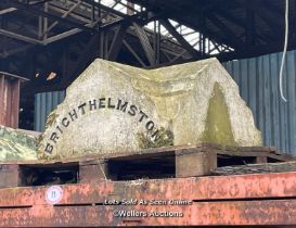 LARGE RECONSTITUTED PIER CAP INSCRIBED "BRIGHTHELMSTON", 46CM (H) X 81CM (W) X 81CM (D)