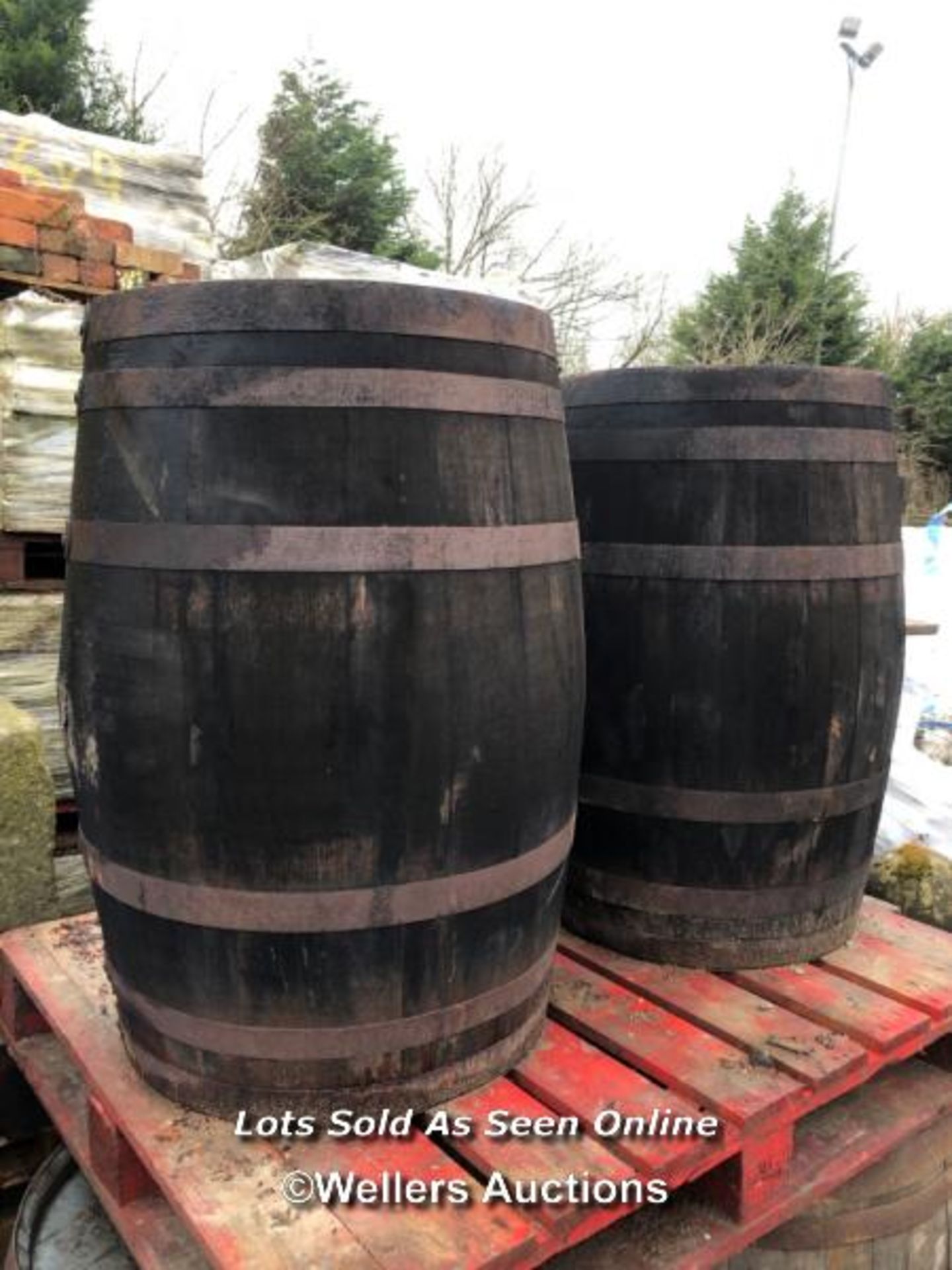 PAIR OF FULL SIZE WHISKY BARRELS, 86CM (H) X 53CM (DIA)