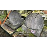 TWO LARGE MATCHING RECONSTITUTED STONE PIER CAPS, WITH DOME TOP, 70CM (H) X 86CM SQ. AT BASE