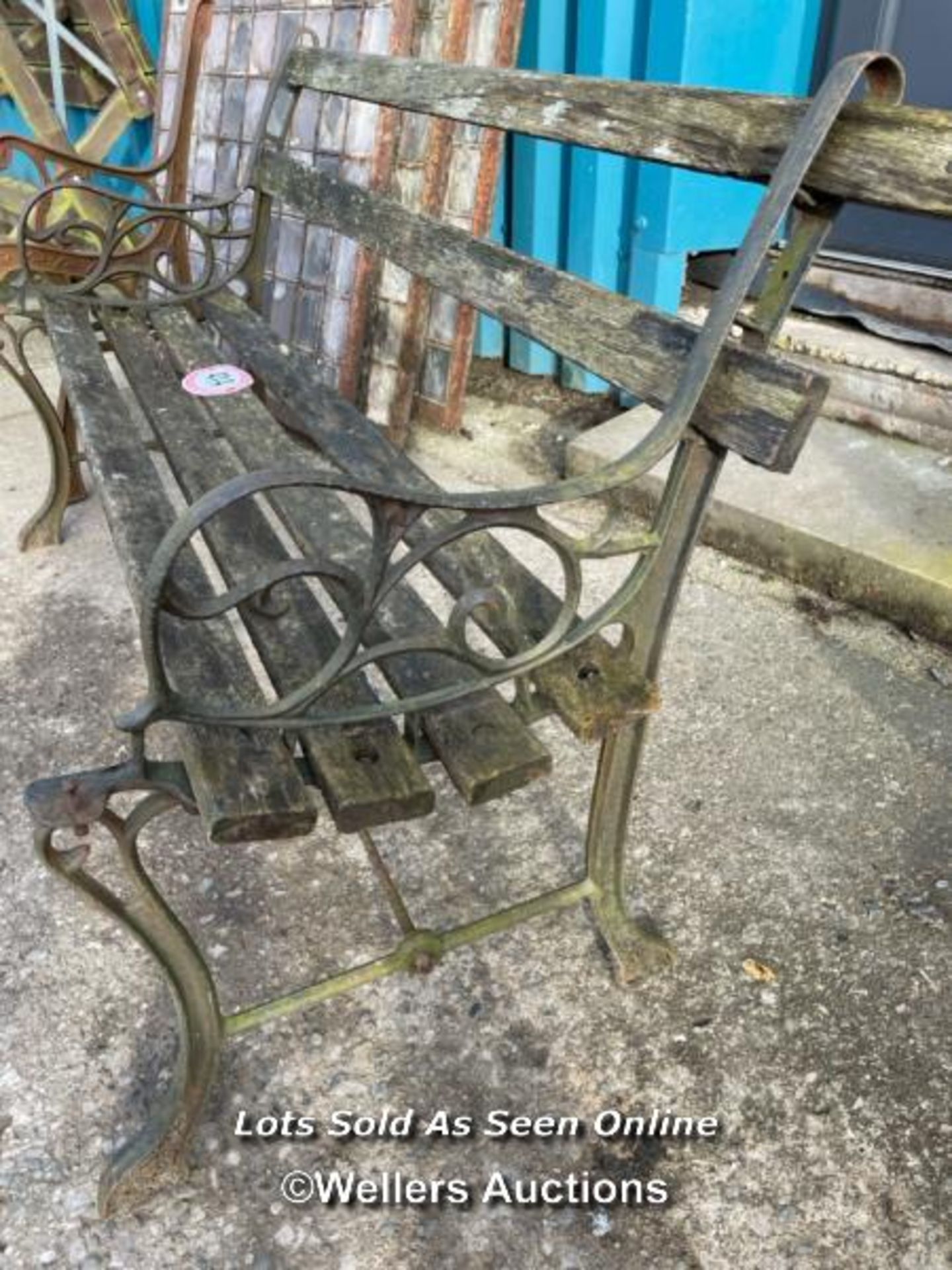 TWO GARDEN BENCHES WITH CAST IRON ENDS, IN NEED OF RESTORATION - Image 4 of 5