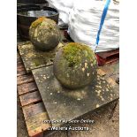 PAIR OF MATCHING RECONSTITUTED STONE PIER CAPS, WITH SPHERE TOP, 50CM (H) X 65CM (W) X 65CM (D)