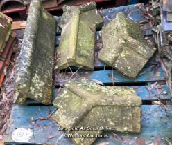 FOUR ASSORTED DECORATIVE STONE ROOF FINIALS, LARGEST 33CM (L) X 11CM (H)