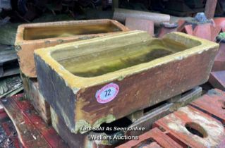 FOUR ASSORTED SALT GLAZED TROUGHS, LARGEST 90CM (L) X 44CM (W) X 23CM (H)