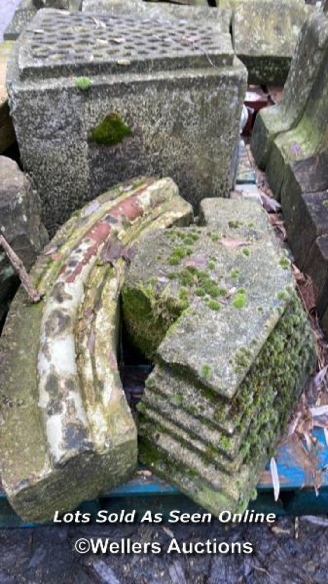 SEVEN ASSORTED STONE FINNIALS INCLUDING CURVED PIECE OF WHITE STONE