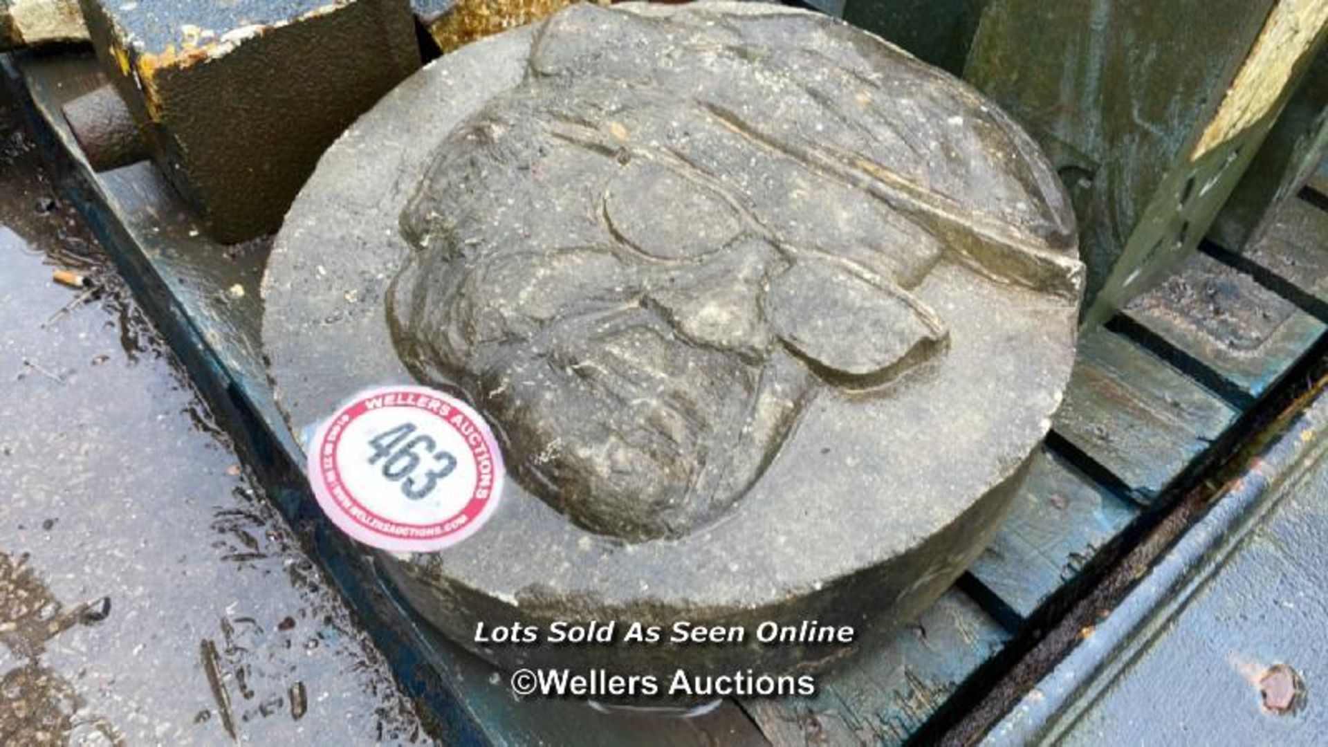 CARVED STONE PORTRAIT OF FRED DIBNAH (1938-2004), A WELL KNOWN STEEPLEJACK AND TV PERSONALITY FROM