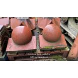 PAIR OF TERRACOTTA PIER CAPS WITH SPHERE TOP, 40CM (H) X 38CM (W) X 41.5CM (D)