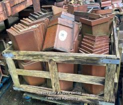 CRATE OF APPROX. 100X ASSORTED RED RIDGE ROOF TILES, MOSTLY 13", 120 ANGLE