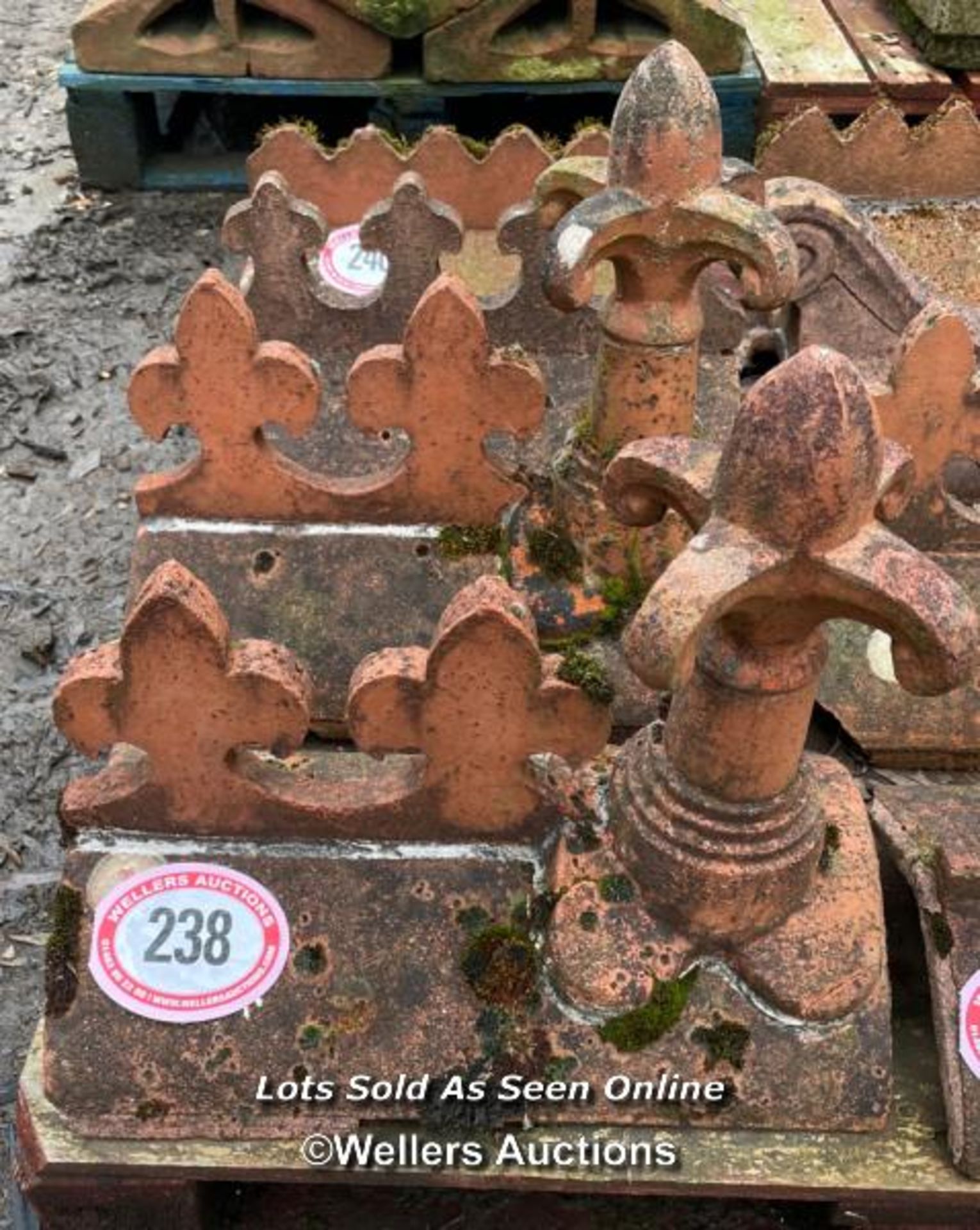 A PAIR OF 18" CRESTED RED RIDGE ROOF TILES, WITH ORNATE FINIAL, 100 ANGLE - Image 2 of 2