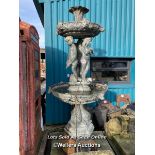 AN ORNATE CAST PHOSPHER BRONZE TWO TIER FOUNTAIN, WITH THREE DECORATIVE CHERUBS SURROUNDING MIDDLE