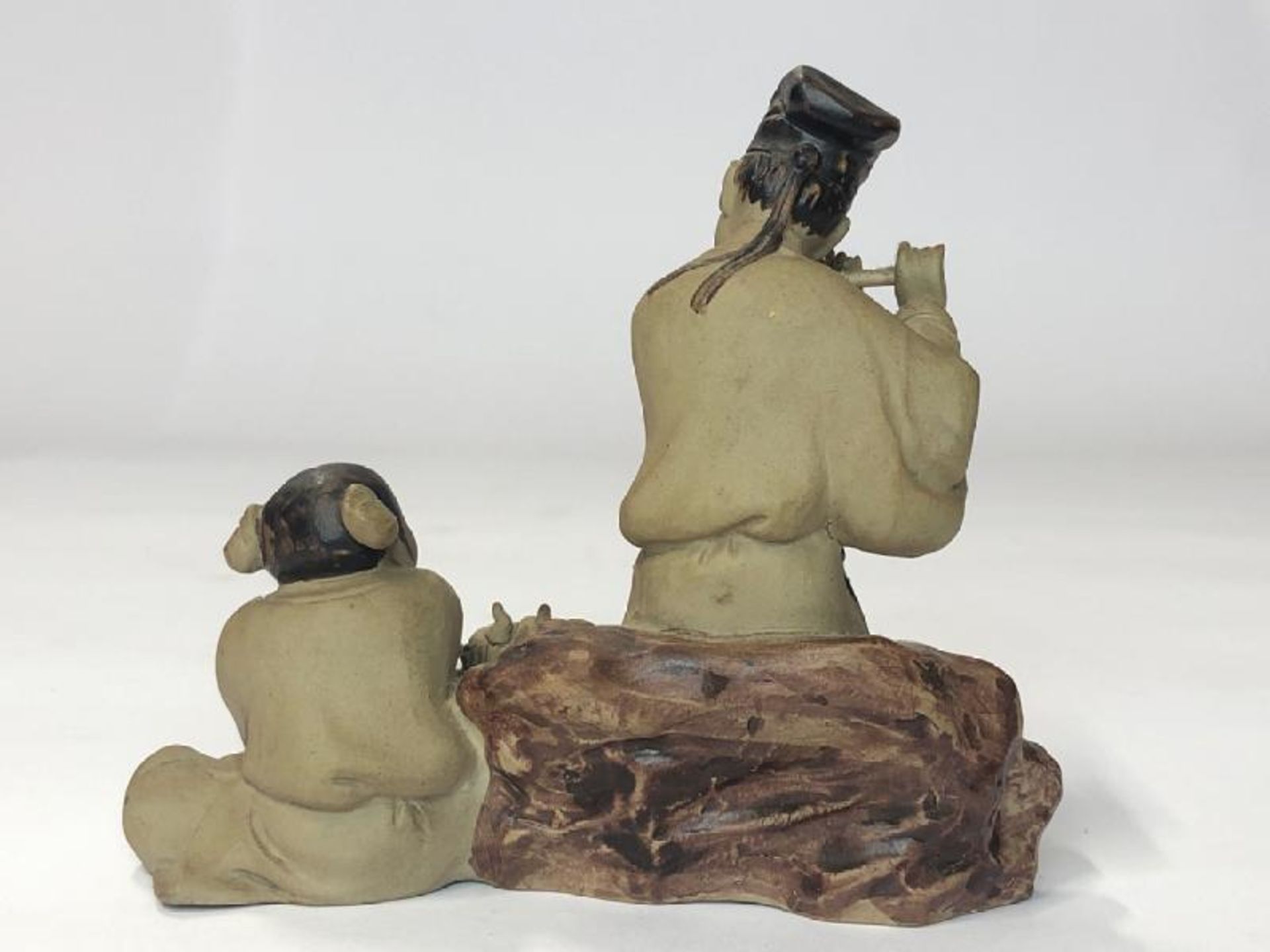 Three figurines, blue glazed Chinese foo dog, 16cm high, laughing Budha, 9cm high and flute - Image 10 of 12