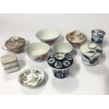 Collection of vintage oriental ceramics including Japanese tea cups with lids, small Chinese