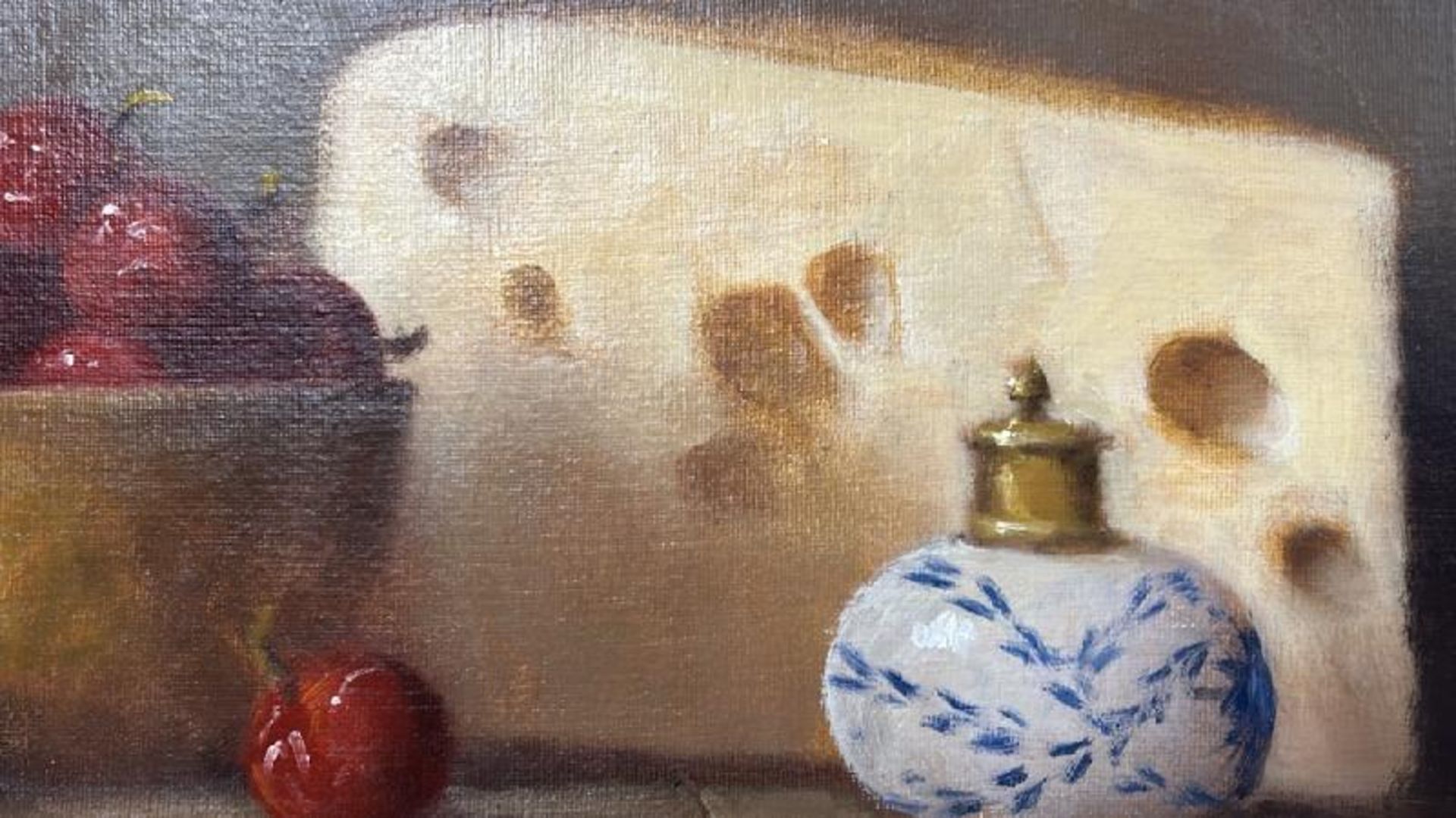 Still life oil on canvas, "Cheese & Cherry's" indistictly signed in red, top right corner, 58 x 48cm - Image 3 of 5